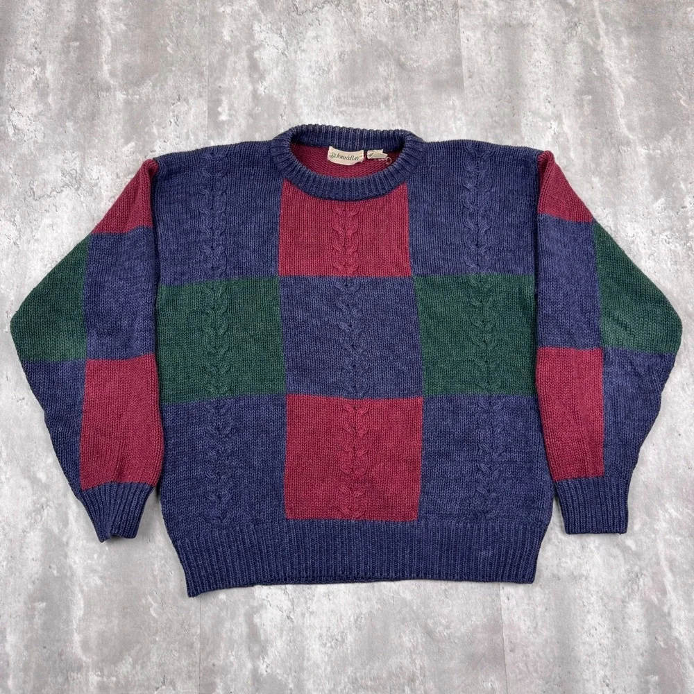 Vintage St. John's Bay Sweater Mens XL Multicolor Retro Colorful Checker Board